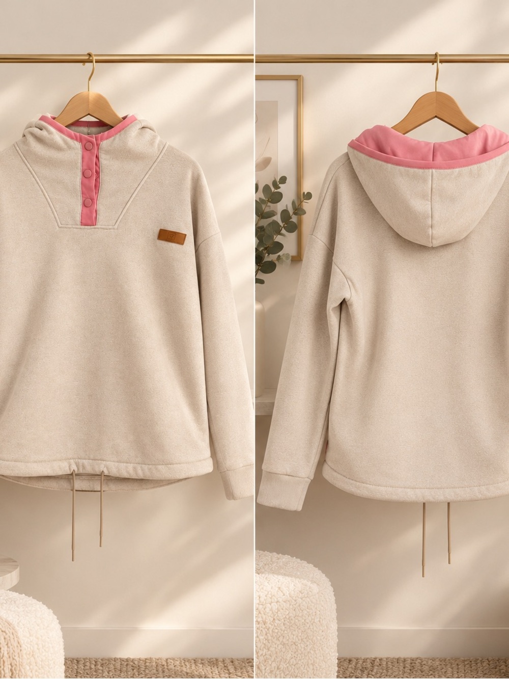 Will & You Fleece Snap-Neck Hoodie Beige & Fuchsia Pink Exellent Condition